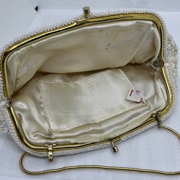 Vintage Beaded Purse Kiss Lock Bags by Debbie Cream White Shimmer Gold 9.5x5.5” - Picture 8 of 16